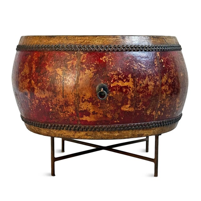 Wood Antique Red Mongolian Drum Coffee Table For Sale - Image 7 of 12