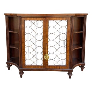 1950s English Regency Style Walnut Bookcase / Cabinet / Credenza W/ Wire Doors For Sale
