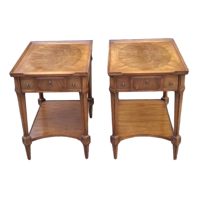 Mid 20th Century Pair John Widdicomb Walnut and Burl Single Drawer Tiered Side Tables For Sale