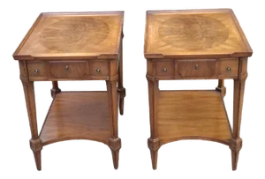 Mid 20th Century Pair John Widdicomb Walnut and Burl Single Drawer Tiered Side Tables
