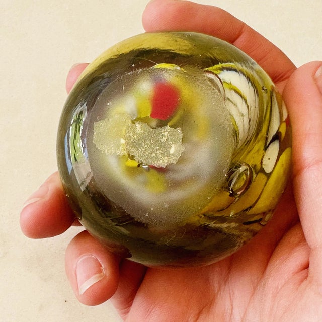 Mid 20th Century Vintage Art Glass Paper Weight in Yellow and White Swirl For Sale - Image 5 of 6