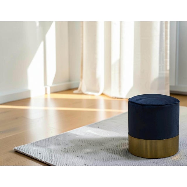 Brass and Blue Velvet Cylindrical Stool in the style of Luigi Caccia Dominioni, Italy, 1970s For Sale - Image 6 of 7