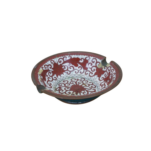 Vintage 20th century Chinese cloisonné ashtray with two cigarette rests. Red and white enamel on copper floral / lotus...