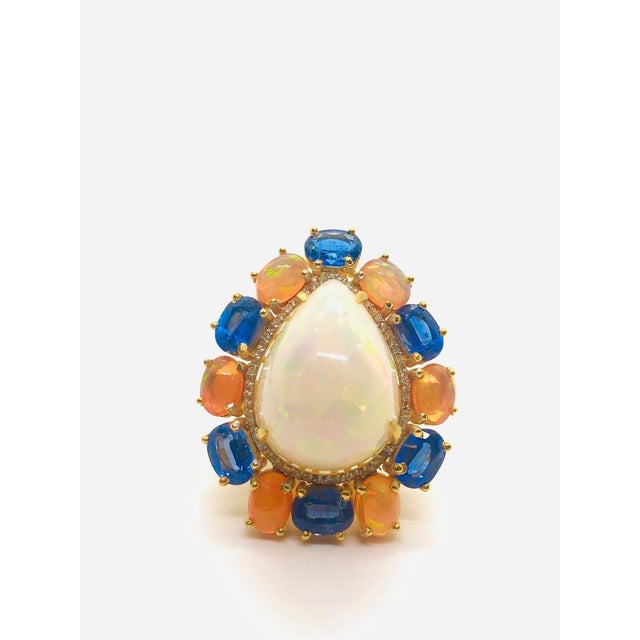 Bochic “Capri” Vintage Fire Opal, Kyanite & Diamond Cocktail Ring — 18K Gold & Silver Signed Masterpiece • Exceptional Gem...
