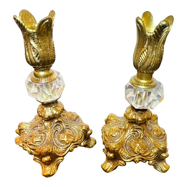 1930s Hollywood Regency 7" Brass and Cut Glass Crystal Candle Holders - A Pair For Sale