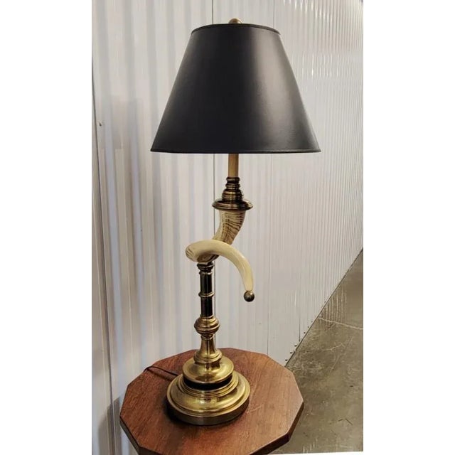 Hollywood Regency 1975 Chapman Solid Brass and Faux Ram's Horn Table Lamp For Sale - Image 3 of 12
