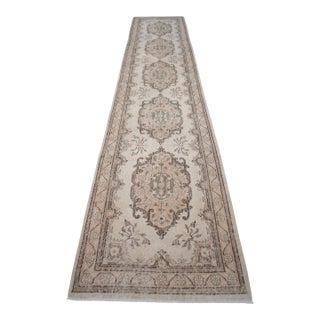 Hand-Knotted Earth Tones Turkish Runner Rug Faded Colors Low Pile Hallway Decor - 2'9″x 12'7″ For Sale