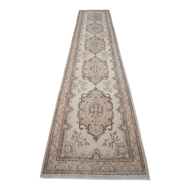 Hand-Knotted Earth Tones Turkish Runner Rug Faded Colors Low Pile Hallway Decor - 2'9″x 12'7″ For Sale