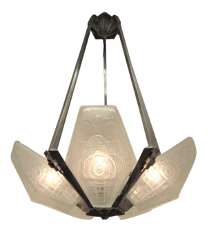 1920s French Art Deco Frosted Art Glass Chandelier