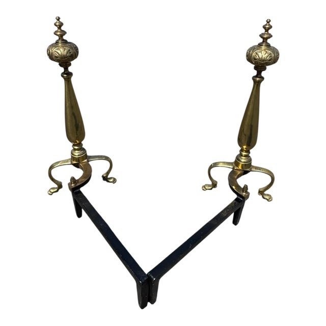 Metal Antique 1920s Brass Fireplace Andirons Pair Refurbished Colonial Hearth Decor For Sale - Image 7 of 18