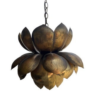Vintage Mid Century Large Brass Lotus Pendant Light Chandelier by Feldman For Sale