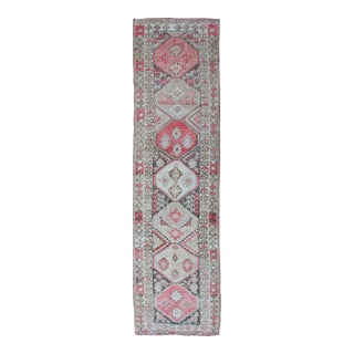 Vintage Turkish Oushak Runner With Geometric Design in Charcoal, Pink, and Cream For Sale