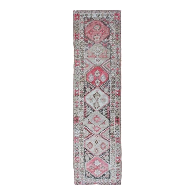 Vintage Turkish Oushak Runner With Geometric Design in Charcoal, Pink, and Cream For Sale