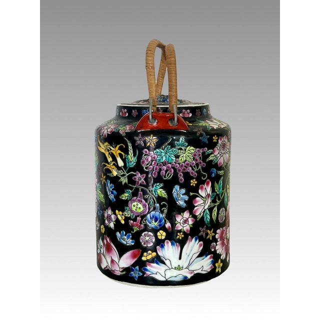 Chinoiserie Vintage 1000 Flowers Chinese Famille Noire Black Porcelain Tea Pot, Jingdezhen (Millefleurs) For Sale - Image 3 of 9