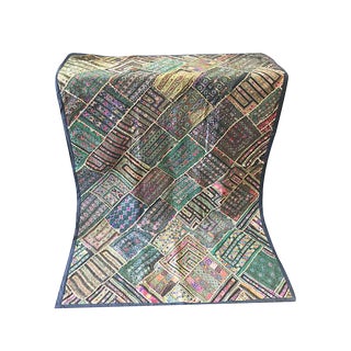 Antique Bohemian Hand Crafted Green Mirror Work Embroidered Wall Tapestry