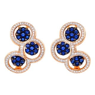 Late 20th Century 14K Pink Rose Gold Diamond Sapphire Circle Huggie Earrings, Pair For Sale
