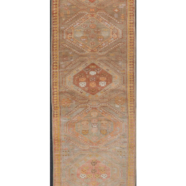 Vintage Turkish Oushak Runner With Tribal Medallions in Brown's, Yellow, and Red 2'11 X 10'11 For Sale In Atlanta - Image 6 of 10