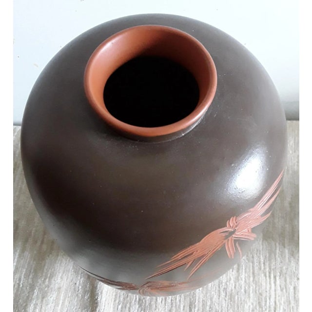 German Handmade Brown Ceramic Vase with Incised Floral Decoration in Red, 1960s For Sale - Image 4 of 6