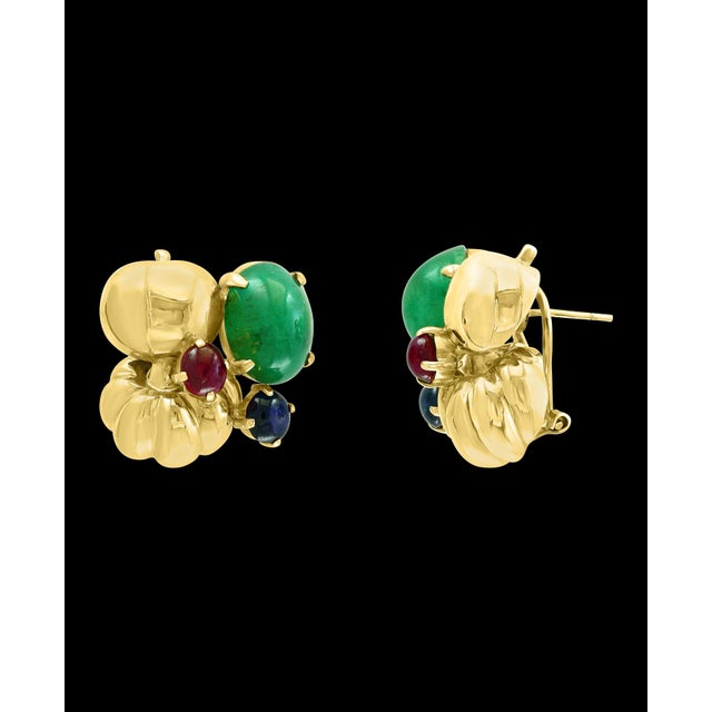 12 Carat Cabochon Emerald Diamond Clip Earrings 14 Karat Yellow Gold, Estate For Sale - Image 17 of 18