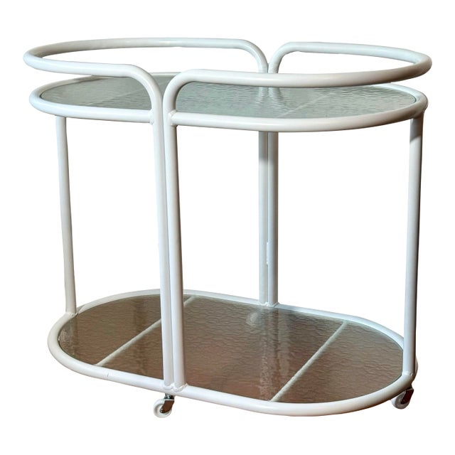 1960s Mid Century Brown Jordan Style White Patio Bar Cart For Sale