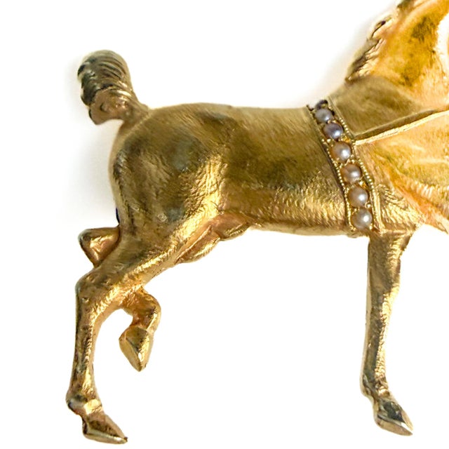 Metal Elegant 18k Yellow Gold Horse Brooch With Seed Pearls & Ruby Accent Mid Century For Sale - Image 7 of 13
