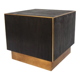 Midcentury Modern Dark Wood & Brass Cube Side Table For Sale