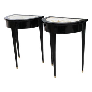 19th Century Pair of Ebonized Neoclassical Demi Lune Marble Top Consoles For Sale