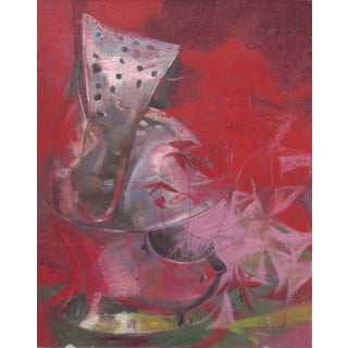 Memoriam by Elena Burykina | Oil on panel Still life of a knight's helmet with red background For Sale