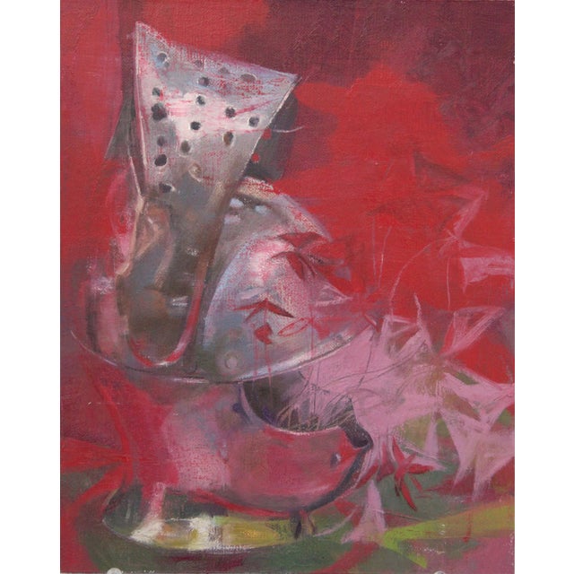 Memoriam by Elena Burykina | Oil on panel Still life of a knight's helmet with red background For Sale
