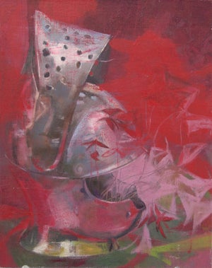 Memoriam by Elena Burykina | Oil on panel Still life of a knight's helmet with red background