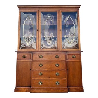 1950s Vintage Breakfront Cabinet With Gold Pagoda Bubble Glass Doors & Skeleton Key For Sale