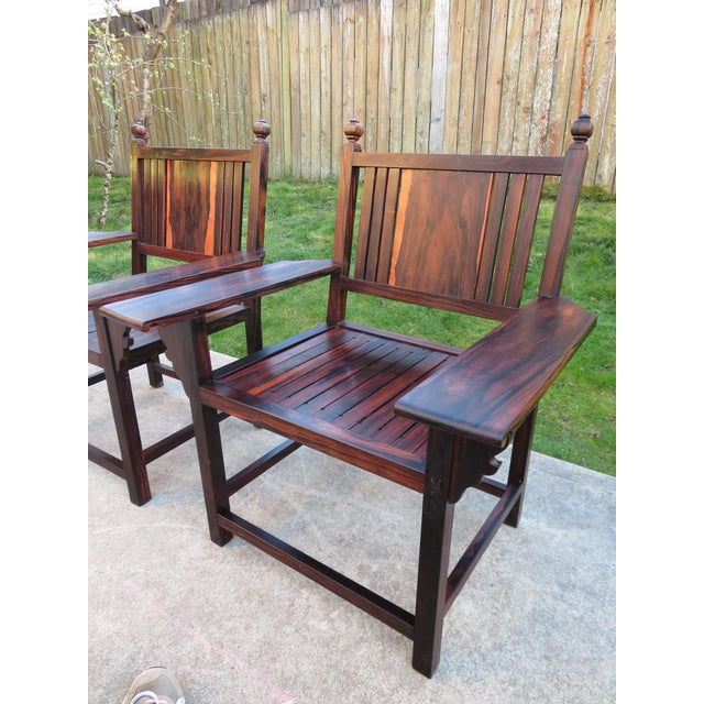 Vintage ~ Mortise Tenon Arts & Crafts Style ~ Exotic Wood Arm Chair Pair ~ Ziricote Macassar ~ Mid Century Rosewood For Sale - Image 10 of 15