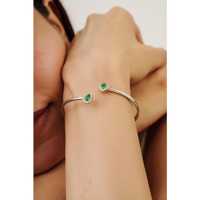 Handcrafted Natural Emerald & Diamond Halo Adjustable Open Cuff Bracelet - Gift for Her For Sale - Image 9 of 13