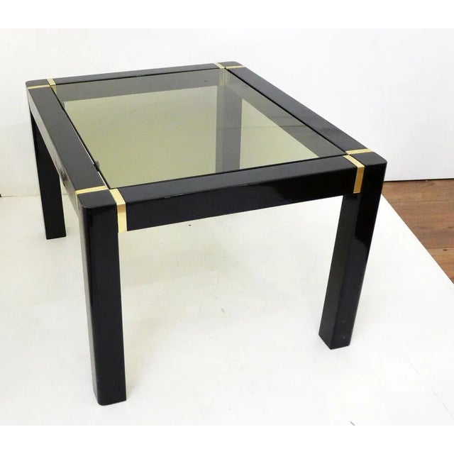 Small Vintage Coffee Table in Black Lacquered Wood & Gold Metal, Smoked Glass Tray, 1970s For Sale - Image 9 of 11