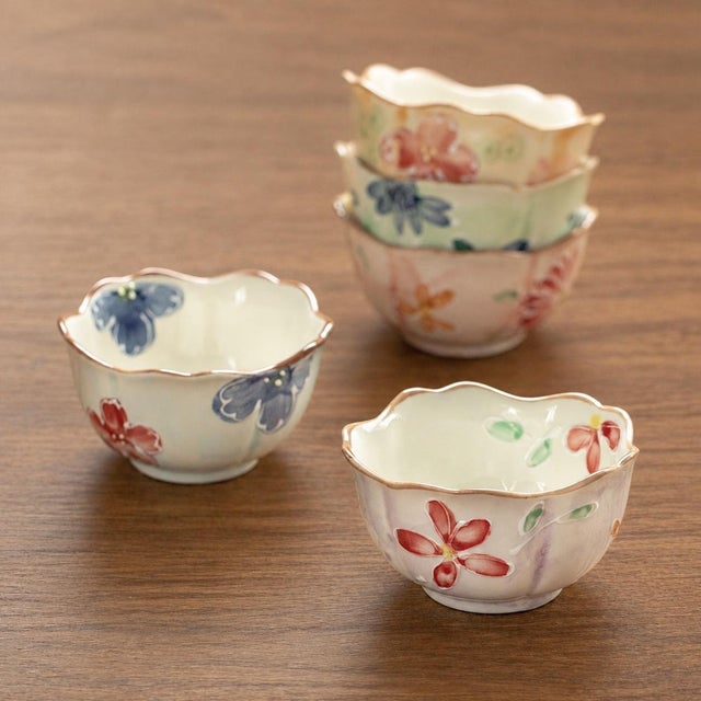 Underglaze Small, Petal-Shaped Bowl With Hand-Painted Cherry Blossoms - Set of 5 For Sale In Los Angeles - Image 6 of 6