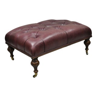 Burgundy Button Tufted Leather English Chesterfield Style 39" Ottoman Footstool For Sale
