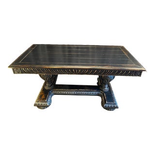Carved Mediterranean Style Black Distressed Library Console Table For Sale