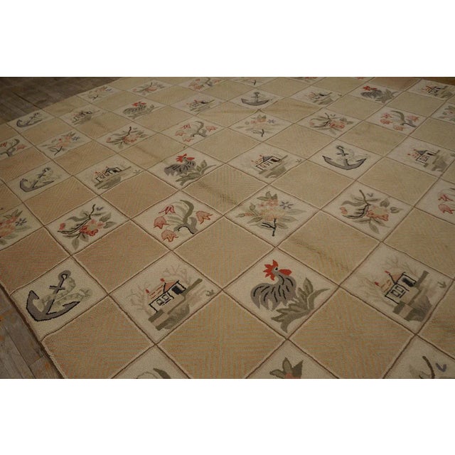 1920s 1930s Beige Rose Animal Folk Art Antique American Hooked Rug 10'0" X 13'9" Woven Wool Carpet For Sale - Image 5 of 9