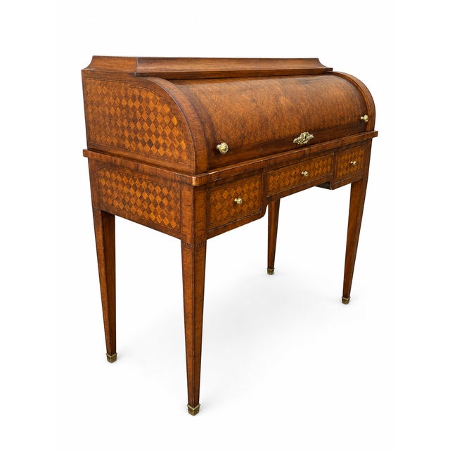 Brown Small Louis XVI Roll-Top Secretary Desk with Marquetry in Latticework Pattern, 1930s For Sale - Image 8 of 13