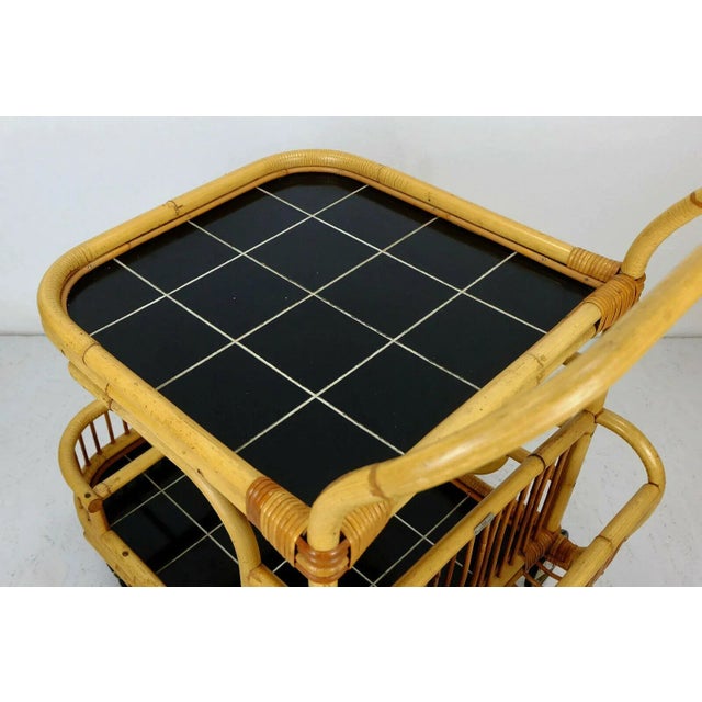 Bamboo, Rattan & Black Formica Trolley with Magazine Rack from FM, 1950s For Sale - Image 9 of 11