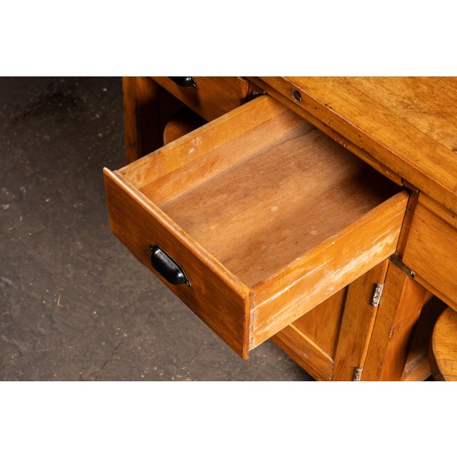 Early 20th Century Walnut Industrial Workbench With Swing-Out Stools For Sale - Image 18 of 18