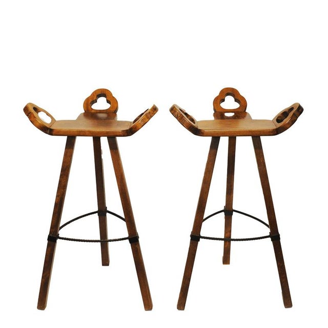 Brutalist Marbella Style Beech Bar Stools attributed to Viriato Gomez for Toledo, 1970s, Set of 4 For Sale - Image 5 of 18