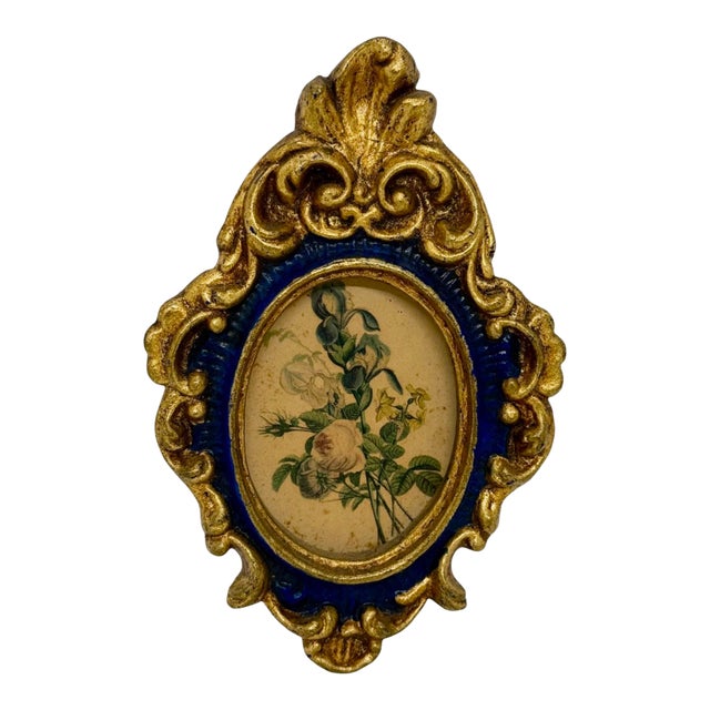 Mid‑20th Century European Ornate Rococo‑Style Wood Oval Frame — Gilded Blue With Floral Botanical Silk‑Screen Print For Sale
