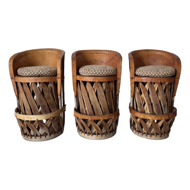 Vintage Mexican Southwest Equipale Leather and Cedar Wood Bar Stools — Set of 3 For Sale