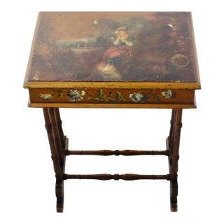 Vintage Early 20th Century Italian Style Gilded Hand Painted Sewing Writing Side Table With Compartment For Sale