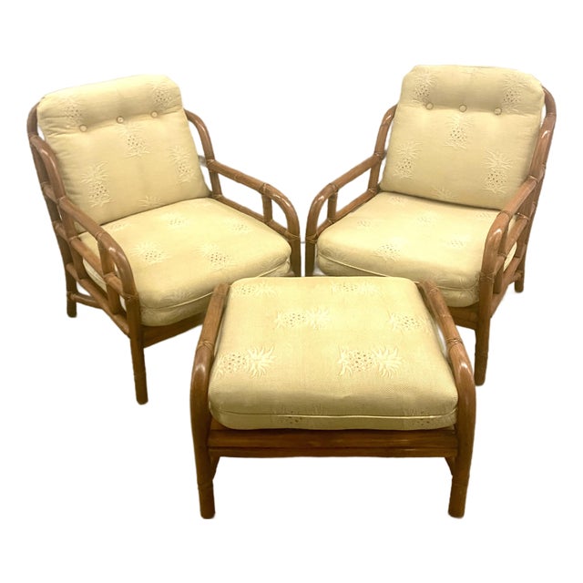 Vintage Bamboo Set of Two Chair and One Ottoman . Ficks Reed Style. For Sale