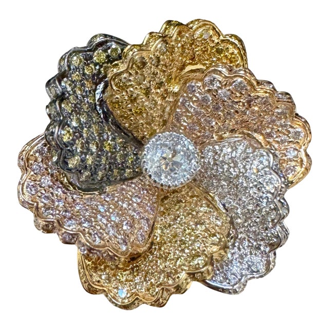 3 Ct Natural Fancy Color Diamond Flower Ring in 18 Karat Multi Color Gold Size 6 For Sale