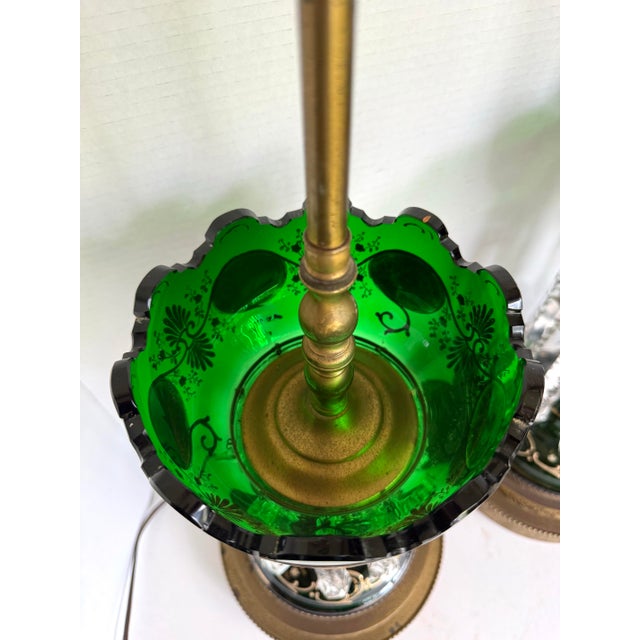 Late 19th Century Antique Emerald Green Glass Luster Table Lamps With Crystal Prisms - a Pair For Sale - Image 5 of 12