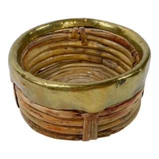 Vintage Gabriella Crespi Style Coiled Rattan Brass Rim Wine Coaster For Sale