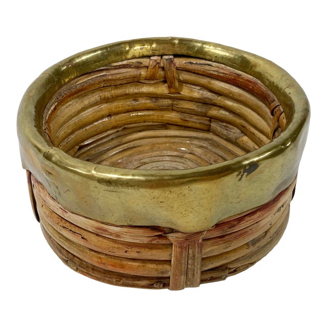 Vintage Gabriella Crespi Style Coiled Rattan Brass Rim Wine Coaster For Sale